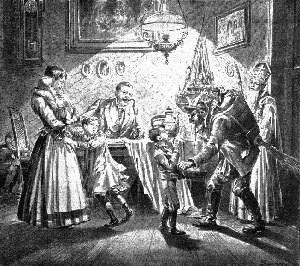 (Krampus and Saint Nicholas visit a Viennese home in 1896).