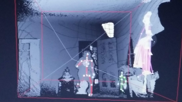 {Kinects camera photo during an investigation the NWPS conducted at the Stovewood Museum Building (Jennings, Wi.) in an attempt to interact with a small figure which was hiding behind the door that the SLS camera picked up on.}